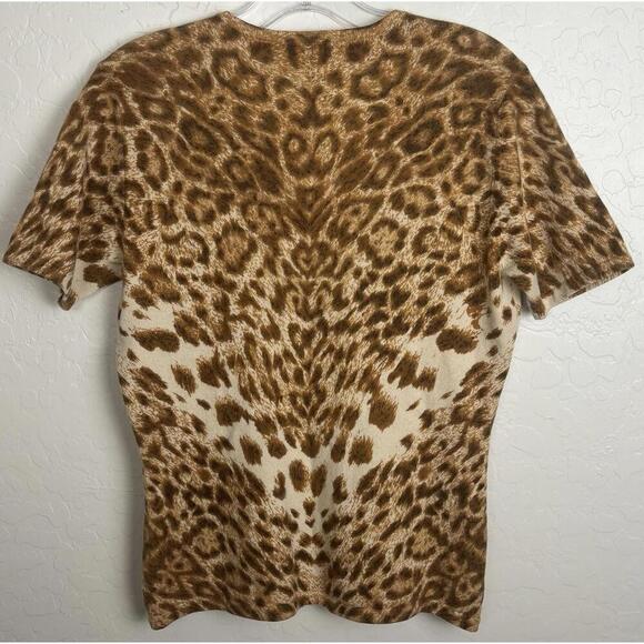 Neiman Marcus Leopard Cashmere Scoop Neck L Brown Ivory 1475 - Picture 3 of 6